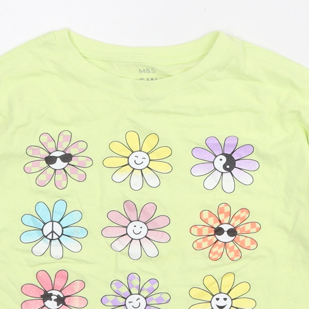 Marks and Spencer Girls Yellow 100% Cotton Pullover T-Shirt Size 9-10 Years Crew Neck Pullover - Flowers