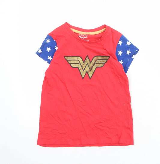 Wonder Woman Girls Red Colourblock 100% Cotton Basic T-Shirt Size 8-9 Years Boat Neck Pullover
