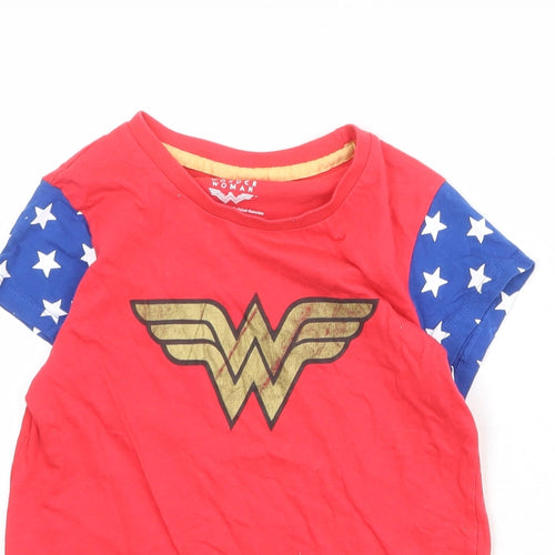 Wonder Woman Girls Red Colourblock 100% Cotton Basic T-Shirt Size 8-9 Years Boat Neck Pullover