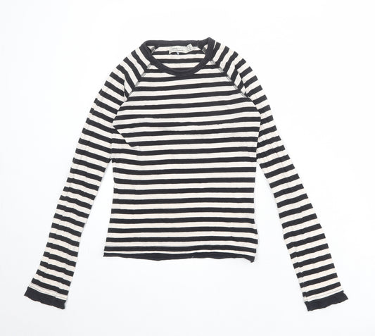 Zara Womens Black Striped Polyester Basic T-Shirt Size S Round Neck