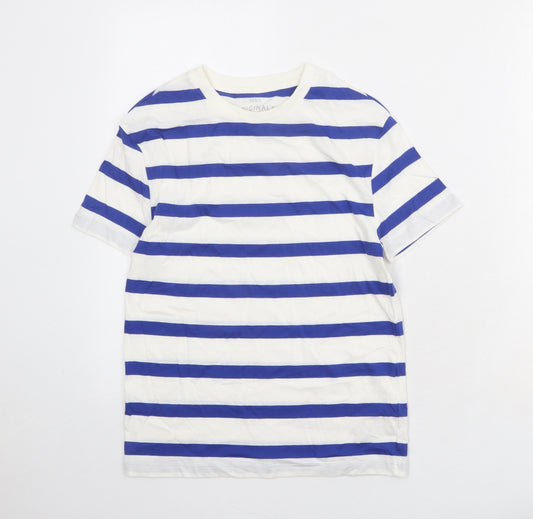 Marks and Spencer Boys White Striped Cotton Basic T-Shirt Size 9-10 Years Round Neck Pullover