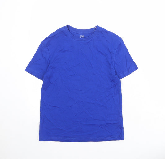 Marks and Spencer Boys Blue Cotton Basic T-Shirt Size 9-10 Years Round Neck Pullover