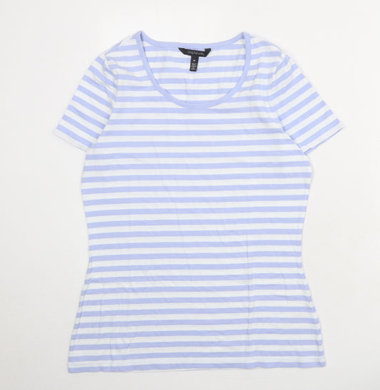 Long Tall Sally Womens Blue Striped Cotton Basic T-Shirt Size M Scoop Neck