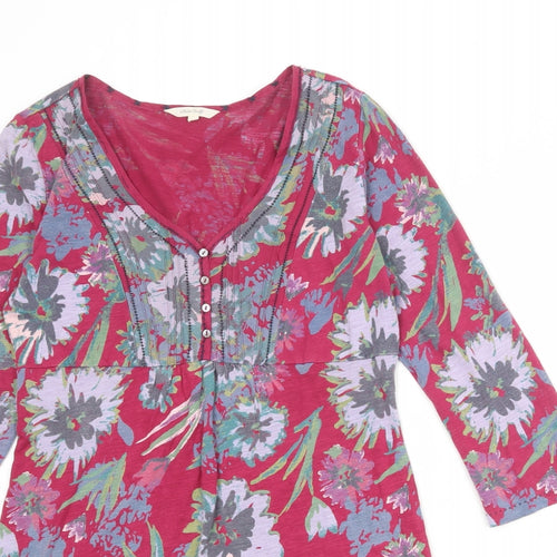 Marks and Spencer Womens Purple Floral 100% Cotton A-Line Size 12 V-Neck Button