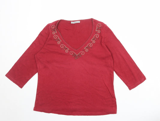 Marks and Spencer Womens Red 100% Cotton Basic Blouse Size 12 V-Neck