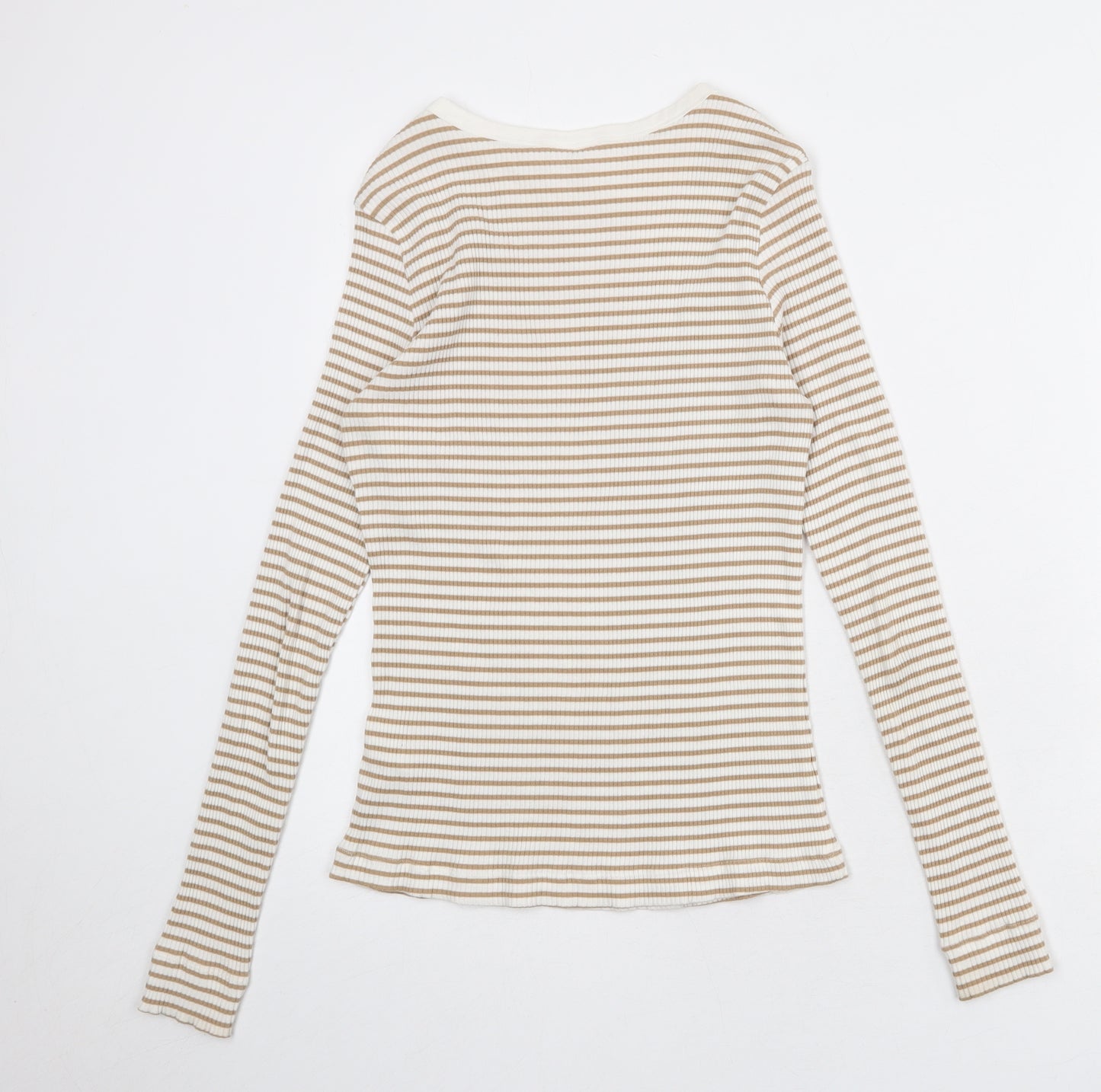 H&M Womens White Striped Cotton Basic T-Shirt Size M Round Neck