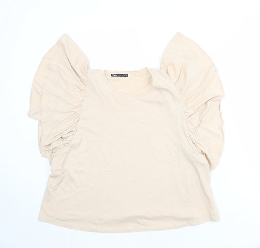 Zara Womens Beige Polyester Basic Tank Size L Round Neck