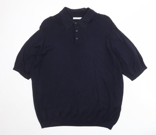 St Michael Mens Blue 100% Cotton Polo Size L Collared Button