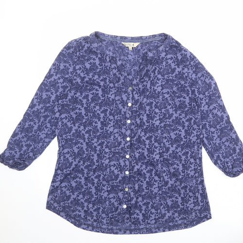 M&Co Womens Blue Floral Cotton Basic Button-Up Size 14 V-Neck