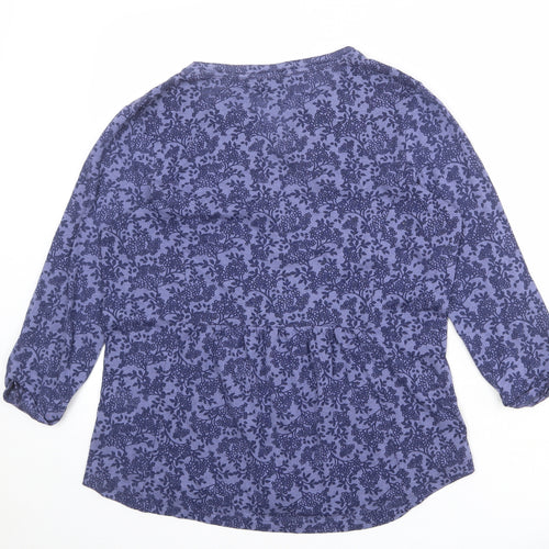 M&Co Womens Blue Floral Cotton Basic Button-Up Size 14 V-Neck