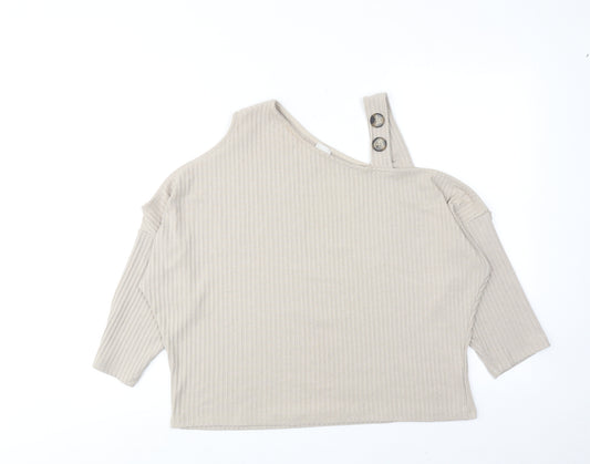River Island Womens Beige Polyester Cropped T-Shirt Size 14 V-Neck - Asymmetric Neckline