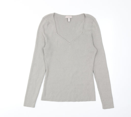 H&M Womens Grey V-Neck Viscose Pullover Jumper Size L