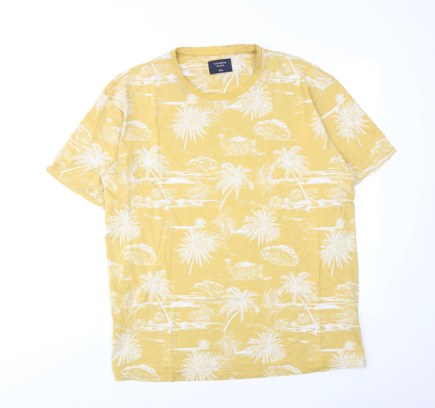 Terranova Mens Yellow Geometric Cotton T-Shirt Size 2XL Round Neck - Palm tree