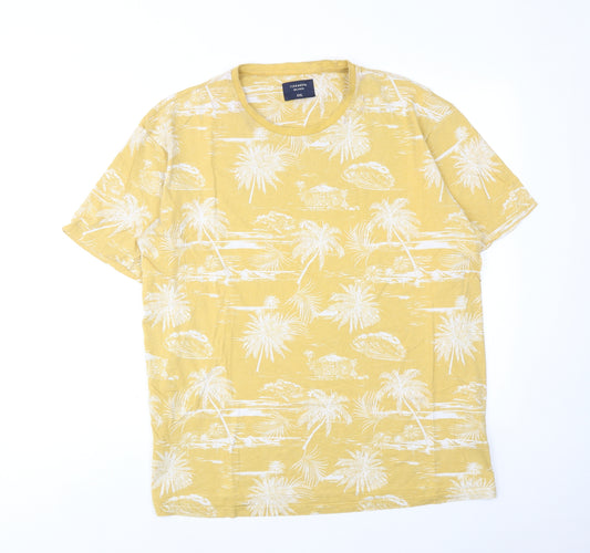 Terranova Mens Yellow Geometric Cotton T-Shirt Size 2XL Round Neck - Palm tree