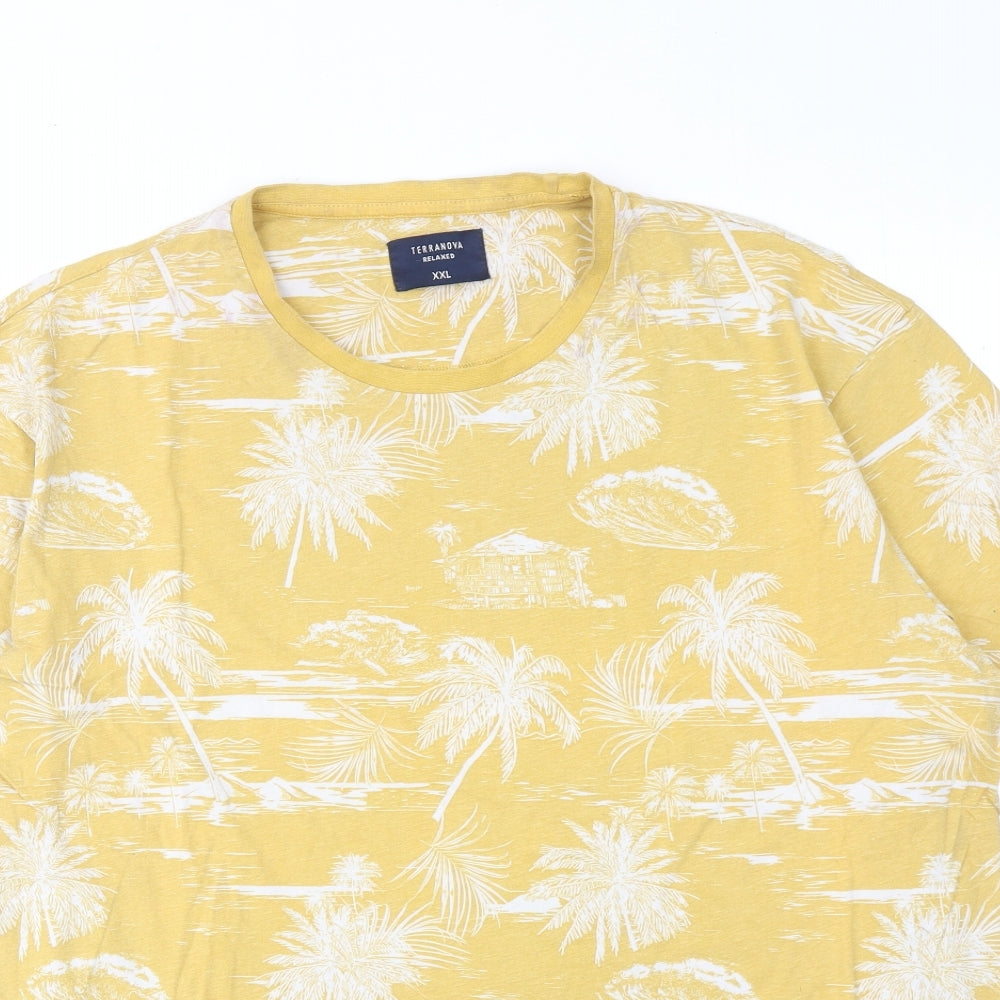 Terranova Mens Yellow Geometric Cotton T-Shirt Size 2XL Round Neck - Palm tree