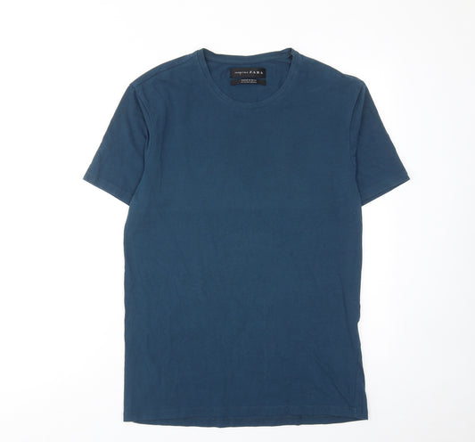 Zara Mens Blue Cotton T-Shirt Size L Round Neck