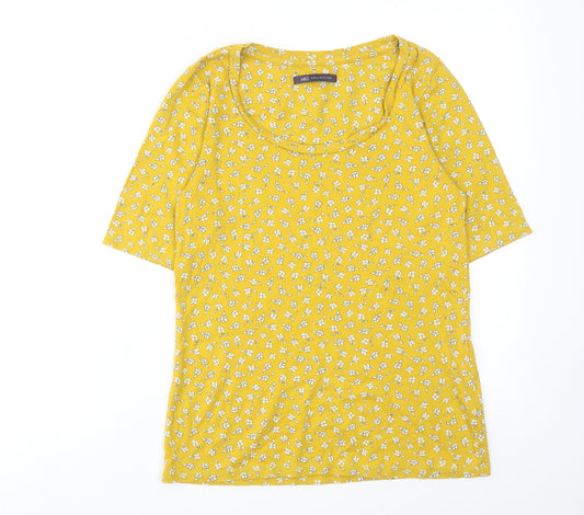 Marks and Spencer Womens Yellow Floral Cotton Basic T-Shirt Size 12 Scoop Neck