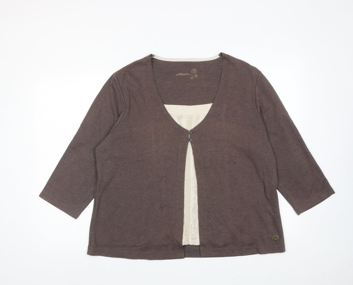 DASH Womens Brown Cotton Basic Blouse Size 12 Scoop Neck - Two in One