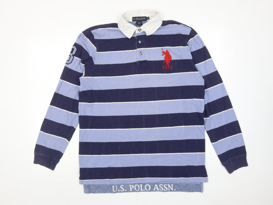 US Polo Assn. Mens Blue Striped Cotton Polo Size M Collared Button