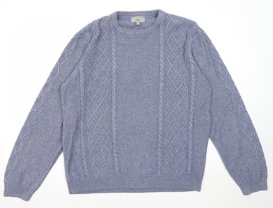 Marks and Spencer Mens Blue Round Neck Cotton Pullover Jumper Size L Long Sleeve