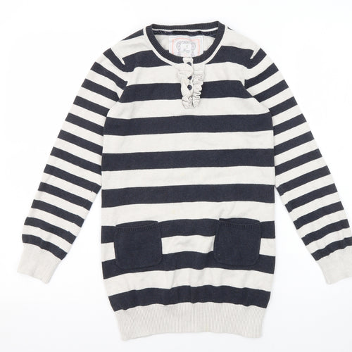 Debenhams Girls Grey Round Neck Striped Cotton Pullover Jumper Size 9-10 Years Pullover