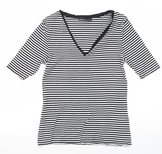 Marks and Spencer Womens Black Striped Cotton Basic T-Shirt Size 12 V-Neck