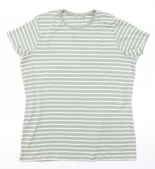 Marks and Spencer Womens Green Striped Cotton Basic T-Shirt Size 22 Crew Neck