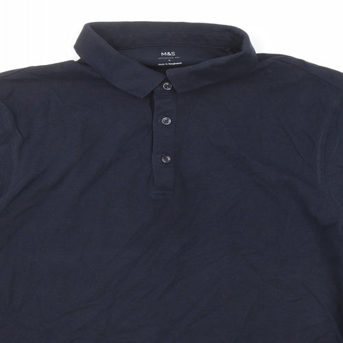 Marks and Spencer Mens Blue Cotton Polo Size L Collared Button