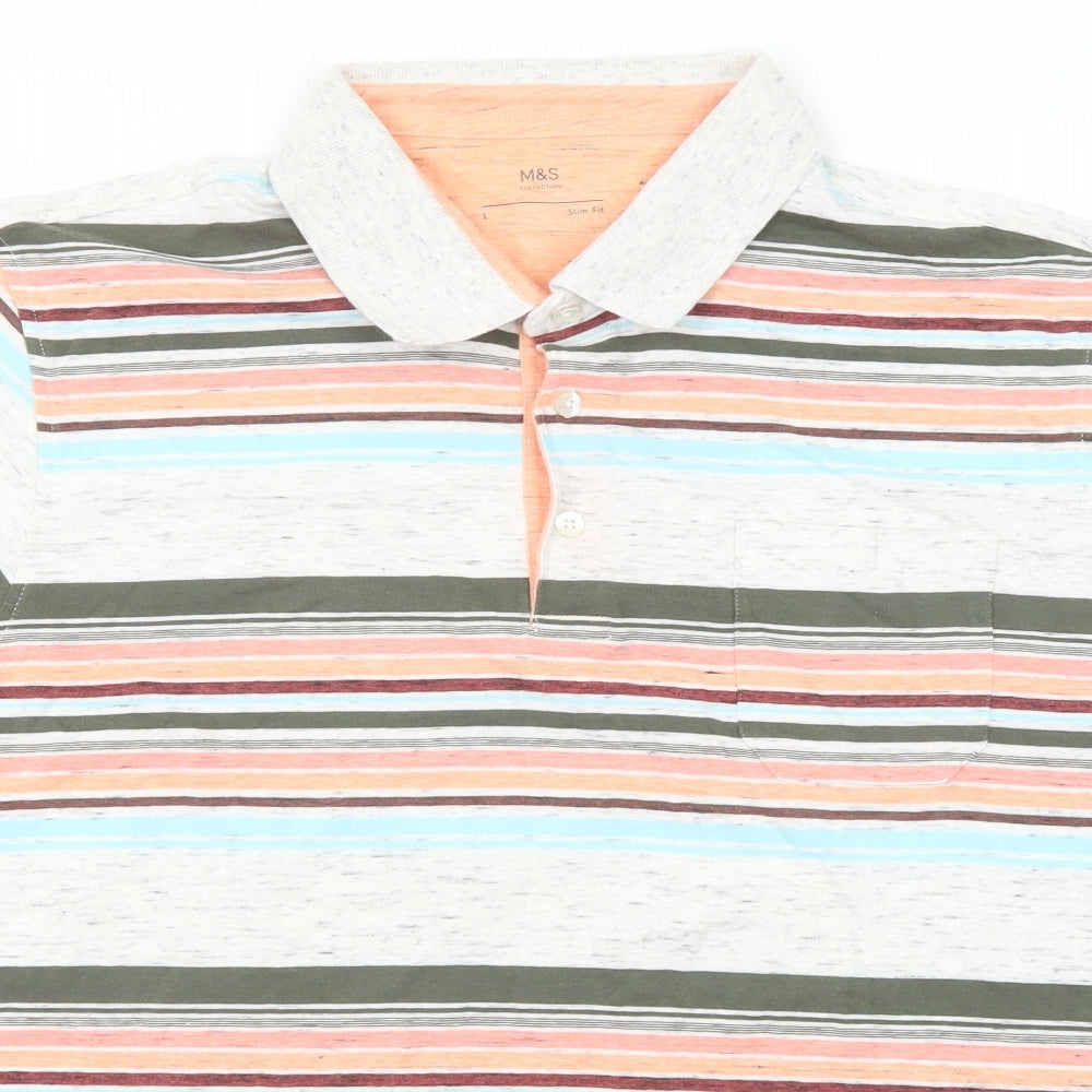 Marks and Spencer Mens Multicoloured Striped Cotton Polo Size L Collared Button