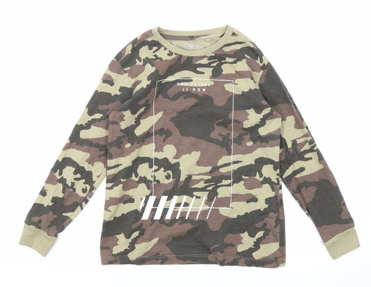 NEXT Boys Green Camouflage Cotton Basic T-Shirt Size 8 Years Round Neck Pullover