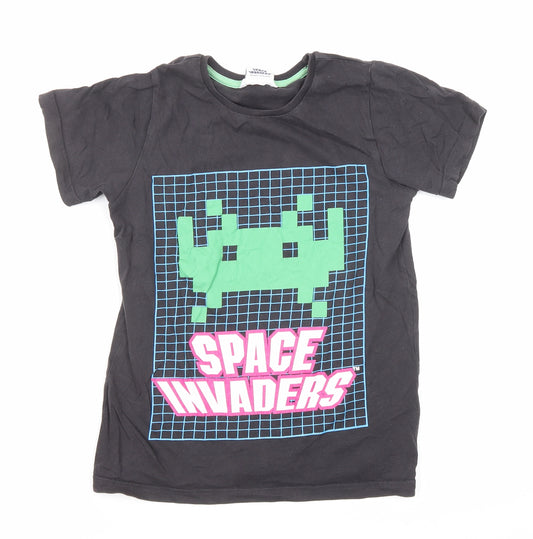 Marks and Spencer Boys Grey Cotton Basic T-Shirt Size 8-9 Years Round Neck Pullover - Space Invaders