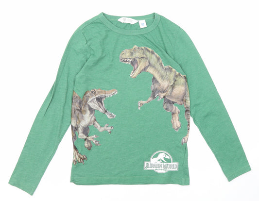 H&M Boys Green Cotton Basic T-Shirt Size 9-10 Years Round Neck Pullover - Jurassic World