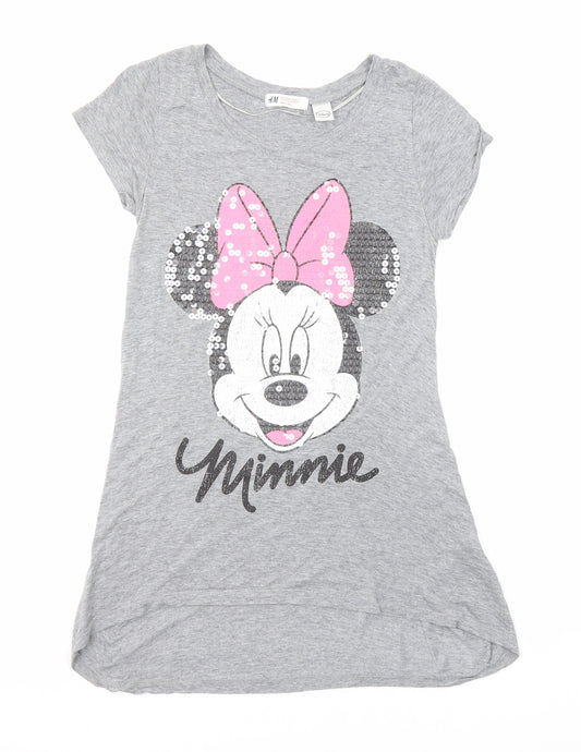 H&M Girls Grey Viscose Pullover T-Shirt Size 11-12 Years Boat Neck Pullover - Minnie Mouse