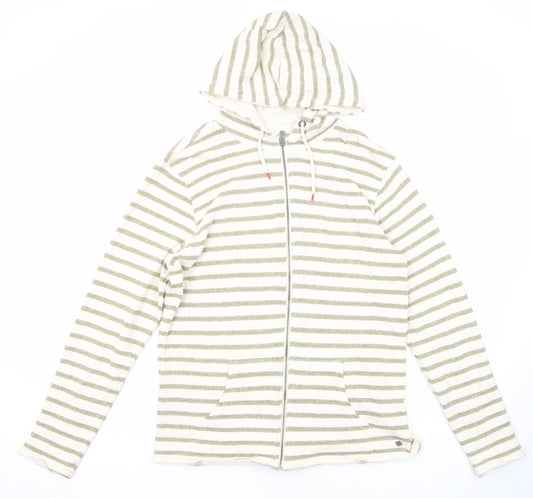 Solid Mens Beige Striped Cotton Full Zip Hoodie Size L