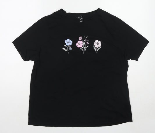 New Look Womens Black Cotton Basic T-Shirt Size 16 Round Neck - Flower Detail