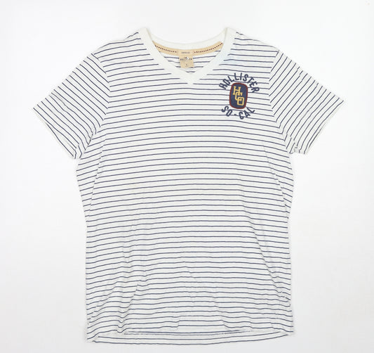 Hollister Womens White Striped Cotton Basic T-Shirt Size L V-Neck