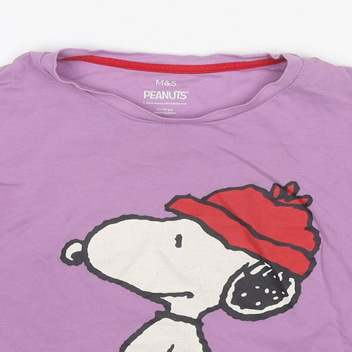 Marks and Spencer Girls Purple Cotton Basic T-Shirt Size 11-12 Years Crew Neck Pullover - Snoopy