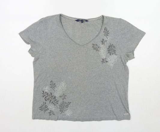 Maine Womens Grey Cotton Basic T-Shirt Size 14 V-Neck