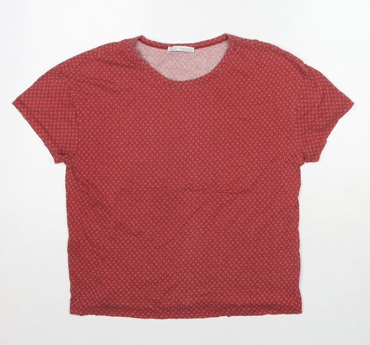 Zara Womens Red Geometric Cotton Basic T-Shirt Size M Round Neck