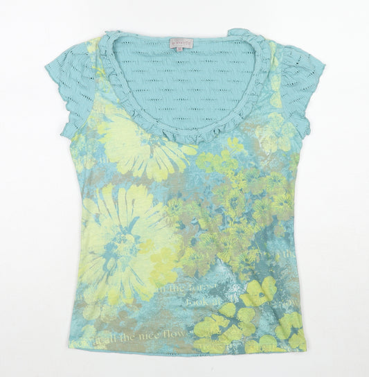 Per Una Womens Blue Geometric Cotton Basic T-Shirt Size 10 Round Neck