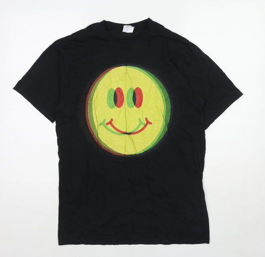 Port & Company Womens Black Cotton Basic T-Shirt Size M Round Neck - Smiley Face