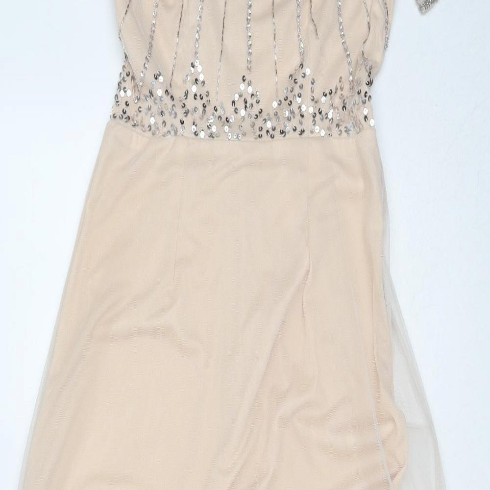 Boohoo Womens Beige Polyester Ball Gown Size 12 Round Neck Zip - Tulle Overlay