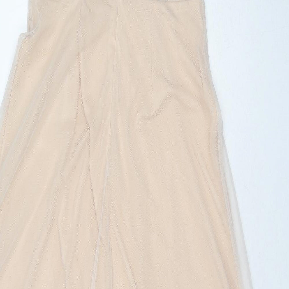 Boohoo Womens Beige Polyester Ball Gown Size 12 Round Neck Zip - Tulle Overlay