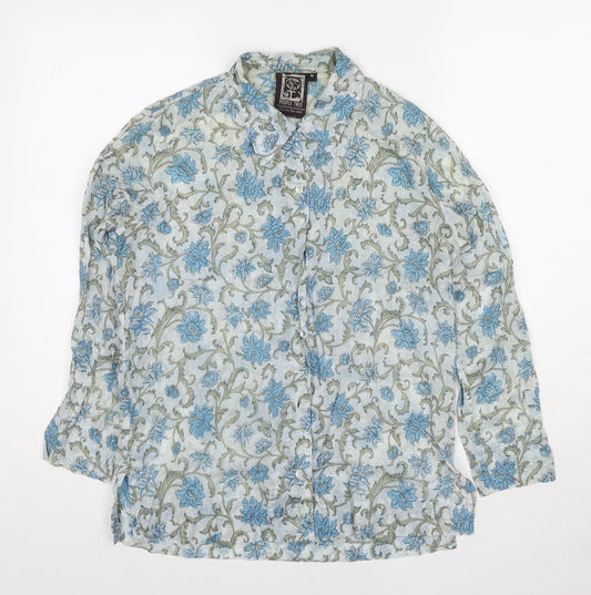 People Tree Womens Blue Floral Polyester Basic Button-Up Size M Collared