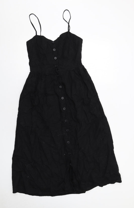 H&M Womens Black Cotton A-Line Size 8 V-Neck Button