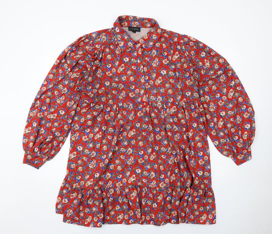 In the Style Womens Red Floral Polyester Shirt Dress Size 14 Collared Button