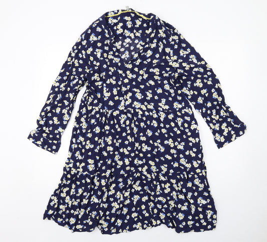 Joules Womens Blue Floral Viscose A-Line Size 14 V-Neck Pullover