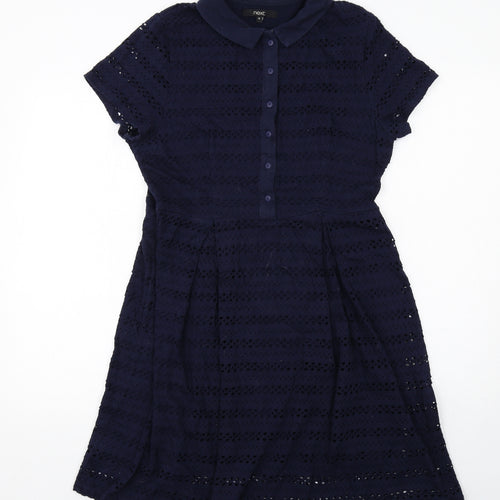 NEXT Womens Blue Cotton A-Line Size 14 Collared Button - Broderie Anglaise