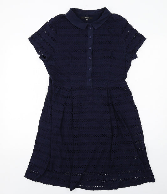 NEXT Womens Blue Cotton A-Line Size 14 Collared Button - Broderie Anglaise