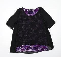 Bonmarché Womens Black Floral Polyester Basic Blouse Size 14 Boat Neck